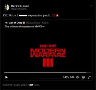 Barry Sloane confirms Modern Warfare 3 to be a standalone release. (Image via @BarrySloane on Twitter)